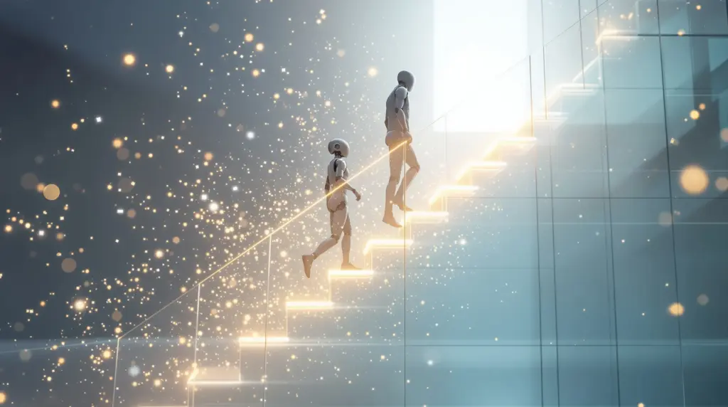 人間とAIのシルエットが透明なガラスの階段を並んで登り創造性を象徴する光の粒