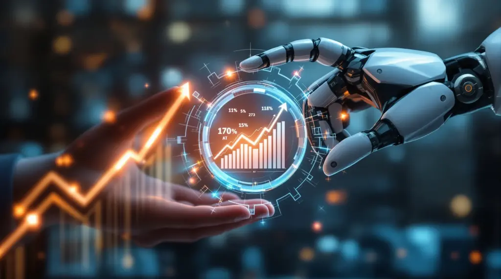 人間とロボットの手が透明なガラス製の歯車を協力して回し効率化を示す上昇する光の矢印