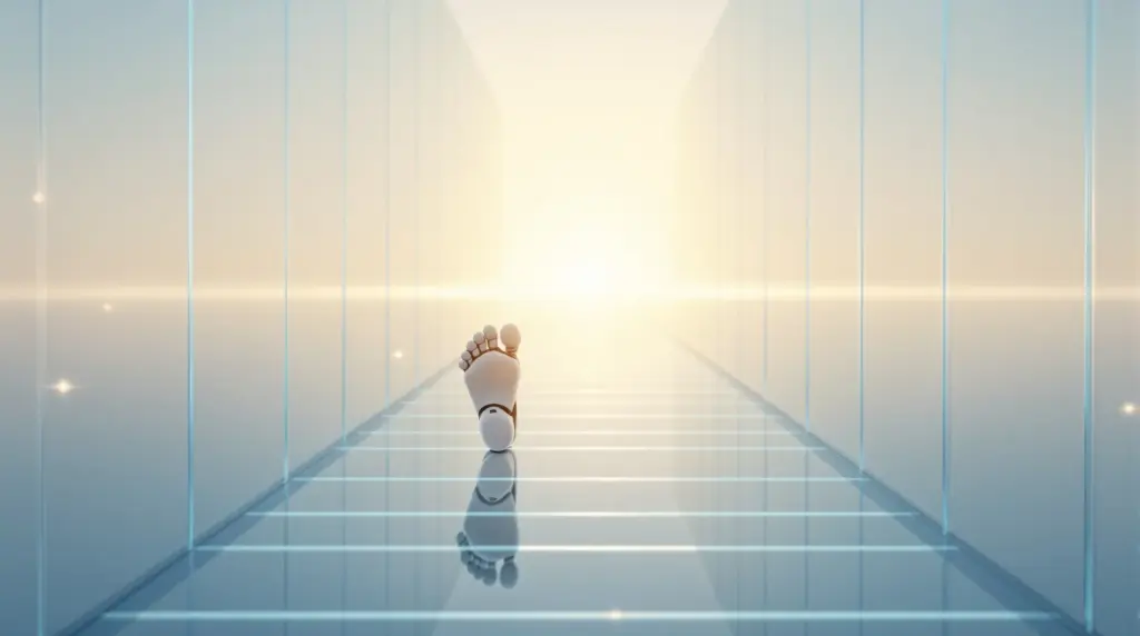 透明なガラスの道が未来へと続き人間とロボットの足が並んで一歩を踏み出そうとする構図