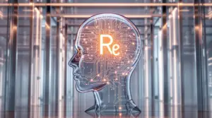 AI人格®商標を示す透明なガラス質感の人間型シルエット頭部と内部に流れる光の回路