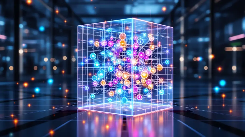 透明なガラスキューブ内に配置された複数のAI人格を象徴する色の光の粒子とチームワークを示す光の線