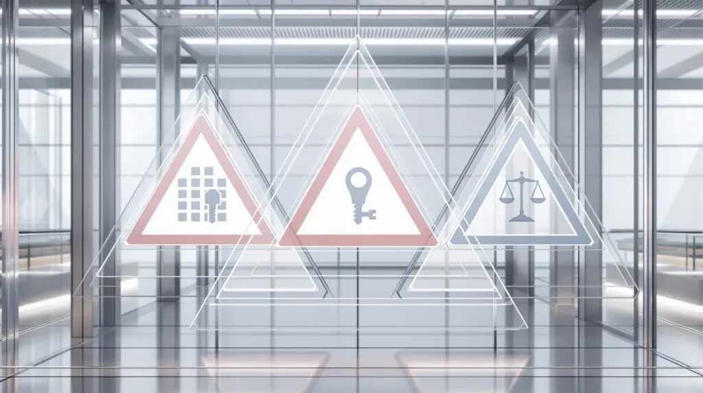 3層に重なる半透明の警告標識にデータ偏り・プライバシー・責任の象徴的アイコンが浮かぶ構図