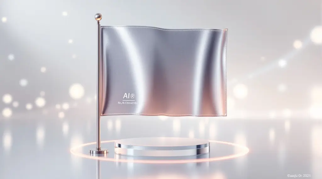 透明なガラス台座に立つ金属製の旗にAI人格®の商標マークが刻印された未来的な構図