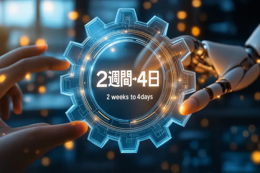 AI人格®活用によるWebサイト制作期間の短縮効果を示すビジュアル｜2週間から4日へ72%削減