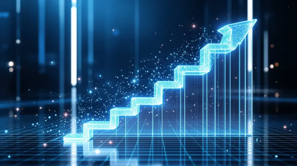 上昇する透明ガラスのグラフとデータストリームが螺旋状に流れる成長イメージ