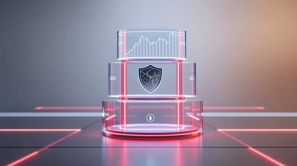 SEO低下・セキュリティ脆弱性・信頼喪失を表現する3層の透明ガラスパネル構造