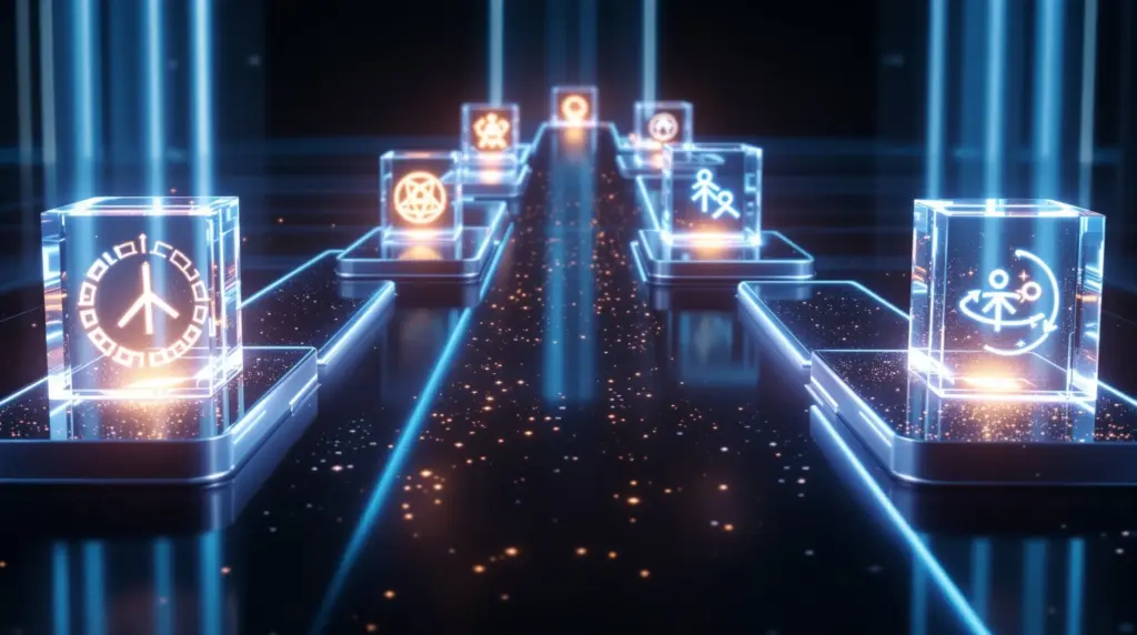 中心から4本の透明ガラスの道筋が放射状に伸びる戦略的選択のイメージ