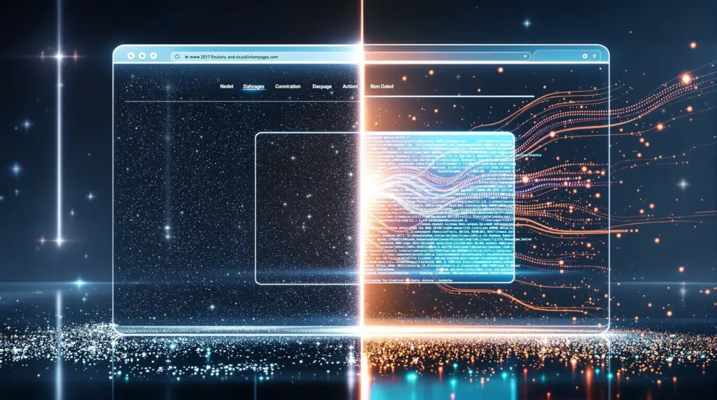 放置され衰退する透明なWebサイトインターフェースと更新により活性化したサイトの対比イメージ