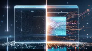 放置され衰退する透明なWebサイトインターフェースと更新により活性化したサイトの対比イメージ