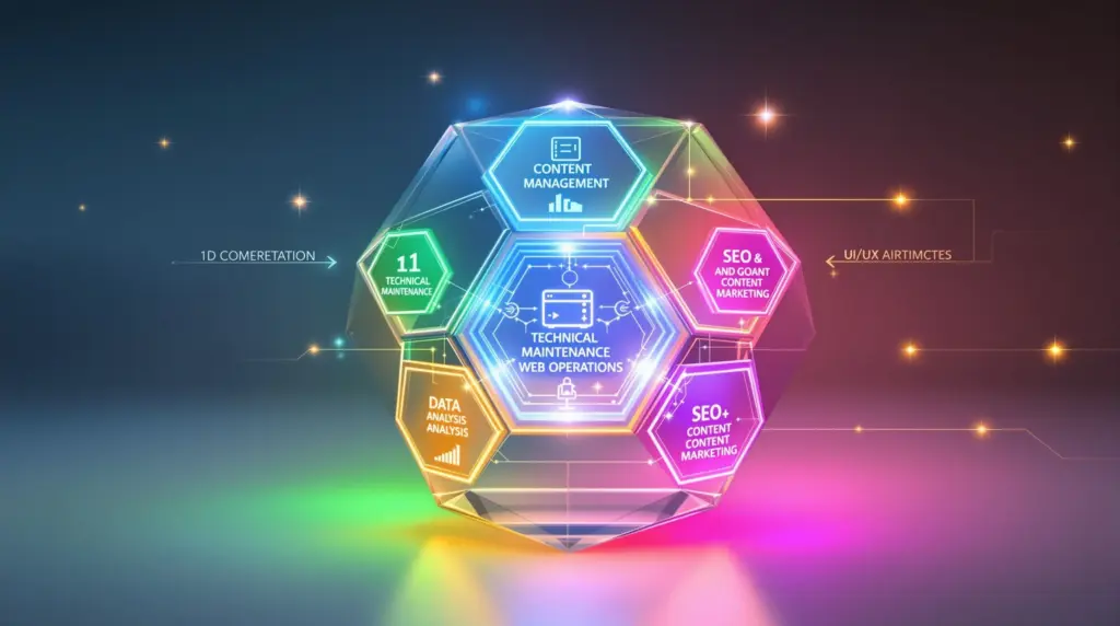 Web運用の5つの核心的活動｜コンテンツ管理・技術保守・データ分析・SEO対策・UI/UX最適化を統合した戦略図 Web運用の5つの核心的活動｜コンテンツ管理・技術保守・データ分析・SEO対策・UI/UX最適化を統合した戦略図 Web運用の5つの核心的活動｜コンテンツ管理・技術保守・データ分析・SEO対策・UI/UX最適化を統合した戦略図