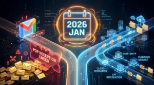 2026年1月カレンダーから分岐する2つの道、左はメール遮断の危機、右は4つの解決策への流れ