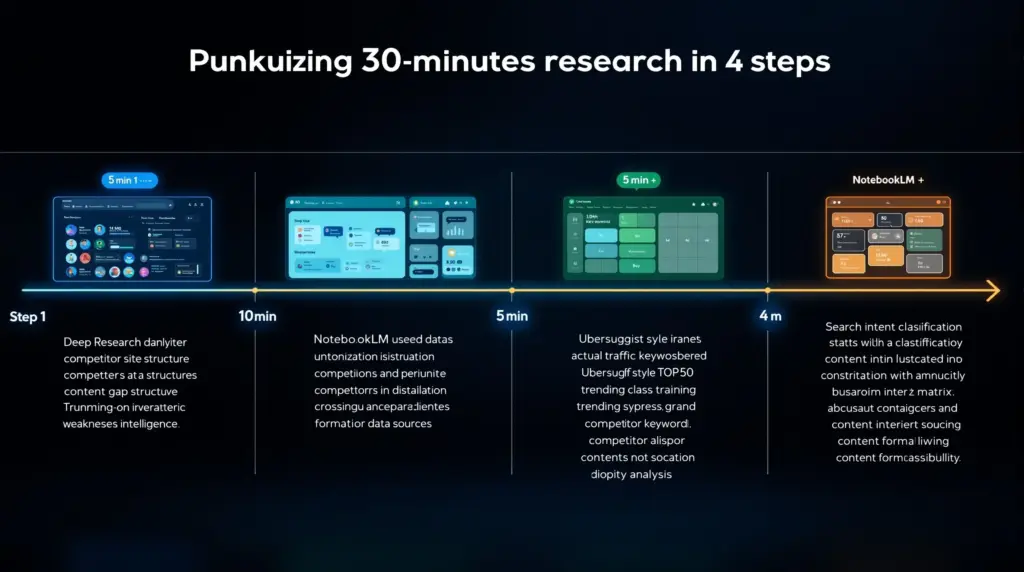 AI人格® Web運用式30分キーワード選定フロー｜4ステップ（Deep Research 10分→NotebookLM 10分→競合分析5分→検索意図分類5分）