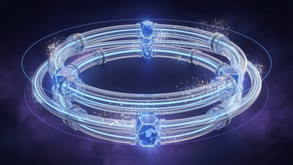 AI人格による価値循環の仕組み、透明な結晶経路を流れ続けるネオンブルーの光ループ構造で持続可能性を表現