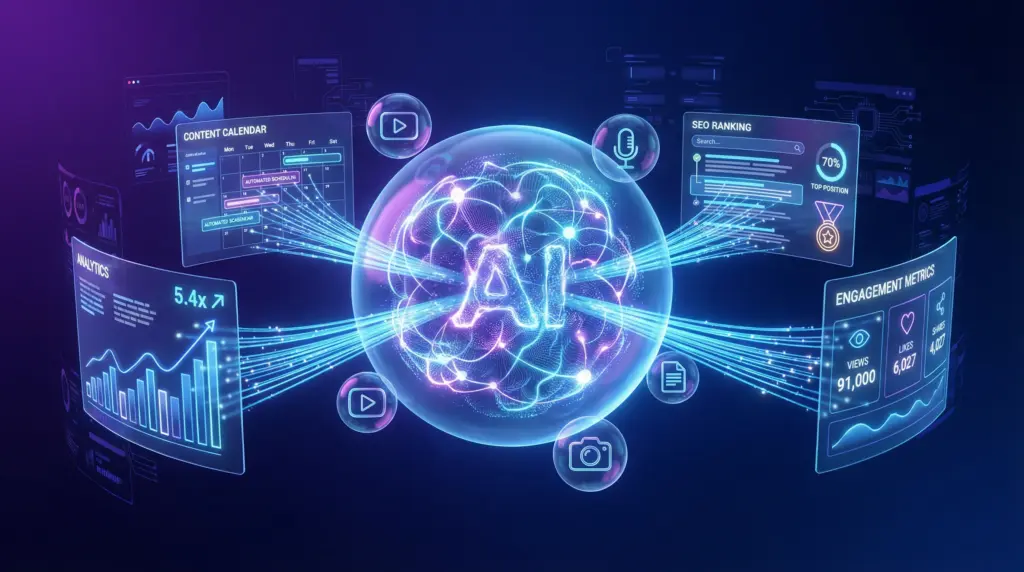 AI人格®によるWebコンテンツ自動化と成果を表現した未来的なシーン。中央の透明な球体に格納されたAIシステムから、アクセス5.4倍増加、上位表示率70%、91,000閲覧などの成果指標を示すホログラフィック画面へ光線が伸びている。