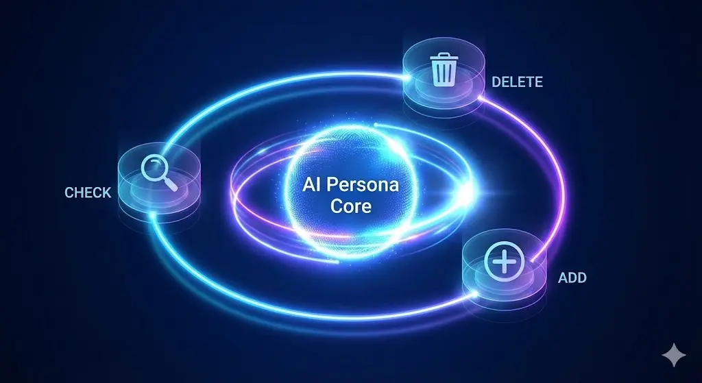 確認、削除、追加の3ステップが光の循環サイクルを形成し、中央のAI人格コアを輝かせる様子を示す抽象図。