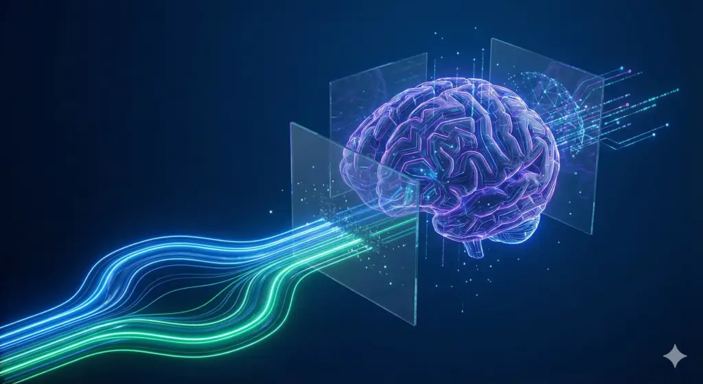 ClaudeでAI人格を作成する手順を示すアイキャッチ画像。青と緑のデータフローが左から右へ流れ、透明なパネルを通過して、中央にあるデジタル構造の脳（外部脳）へと接続されている未来的な3Dビジュアル。