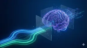 ClaudeでAI人格を作成する手順を示すアイキャッチ画像。青と緑のデータフローが左から右へ流れ、透明なパネルを通過して、中央にあるデジタル構造の脳（外部脳）へと接続されている未来的な3Dビジュアル。