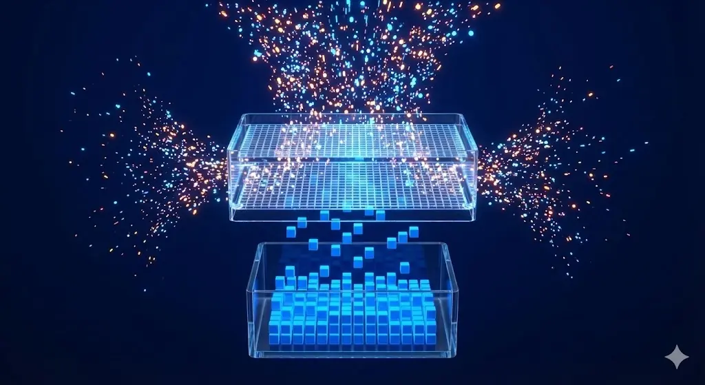 雑多なデータがフィルターを通過し、AI人格に必要な情報だけが選別されて透明な保管庫に収まる様子を示す抽象図。