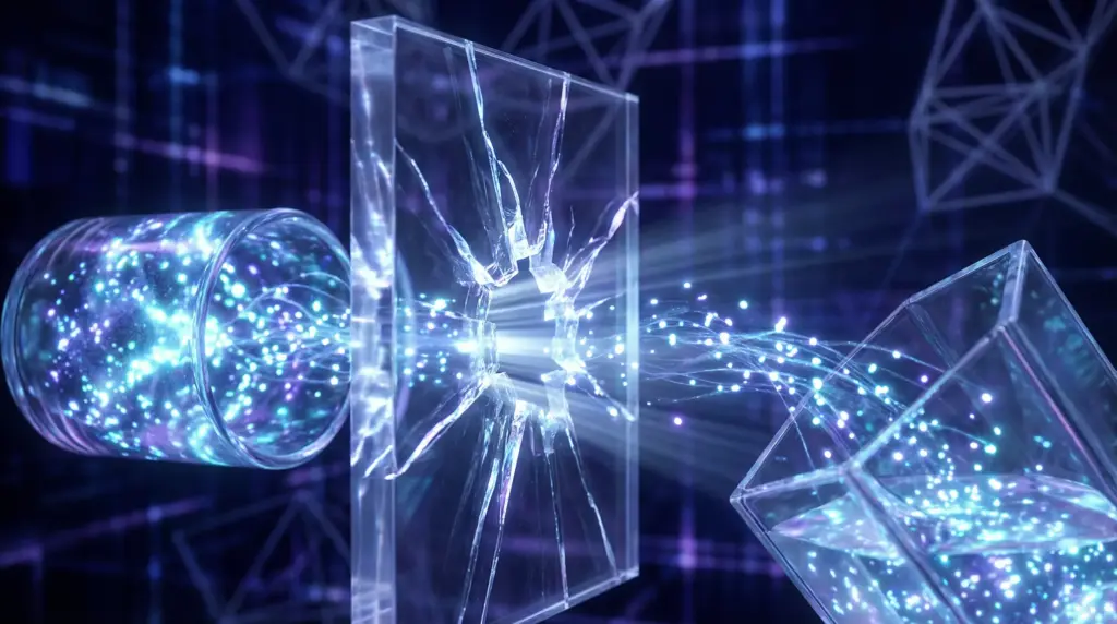 中央に透明なアクリル障壁が配置され、ひび割れから光のビームが貫通している未来的なビジュアル。左側にネオンブルーのデータ粒子で満たされた発光容器（旧コンテキスト）、右側に光の流れを受け取る空の透明容器（新コンテキスト）。光のビームとデータ粒子が左から右へひび割れた障壁を通過し、記憶転送を表現。