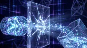 中央に透明なアクリル障壁が配置され、ひび割れから光のビームが貫通している未来的なビジュアル。左側にネオンブルーのデータ粒子で満たされた発光容器（旧コンテキスト）、右側に光の流れを受け取る空の透明容器（新コンテキスト）。光のビームとデータ粒子が左から右へひび割れた障壁を通過し、記憶転送を表現。