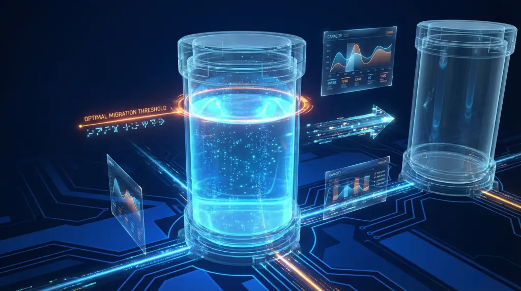 中央に大きな透明な円筒形容器が配置され、70〜80%までネオンブルーの発光液体で満たされている未来的な技術図解。容器の上部近くにオレンジ色のホログラム光で警告インジケーターラインが表示され、限界到達前の最適な移行タイミングを示す。容器から右側の新しい空の透明容器へ向かう矢印と光のビームが接続。