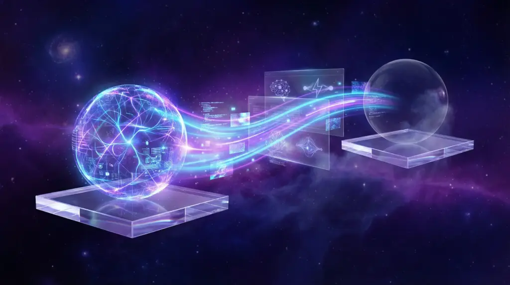 宇宙空間に浮遊する2つの透明アクリルプラットフォーム。左プラットフォームには複雑な内部構造を持つ発光球体（旧スレッド記憶）、右プラットフォームには空の透明球体（新スレッド）。ネオンブルーとパープルの太い光のビームが左から右へ流れ、データ粒子と抽象的なコード様構造を運搬し、移行プロンプトを表現。