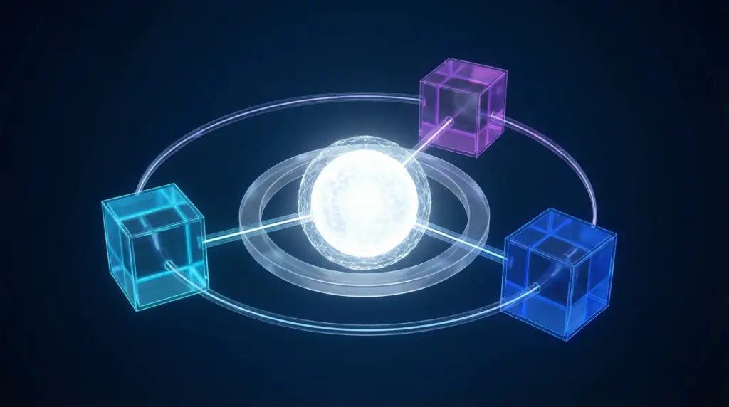 中央にホログラムホワイトの発光球体（全体メモリ）が浮遊。その周囲に3つの独立した透明アクリルボックスが軌道上に配置され、各ボックスは異なる色の光を内包：左ボックスはネオンブルー（note用Project）、右ボックスはコバルト（Mirai&サイト用Project）、奥ボックスはパープル（将来のProject）。各ボックスは独立しているが、中央の球体へ細い光のビームで接続。