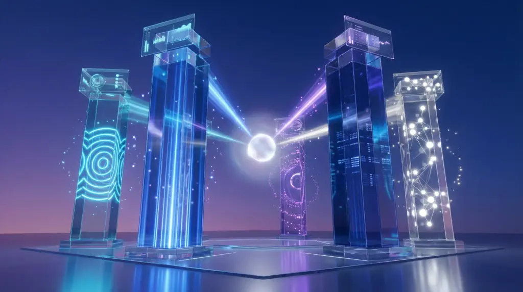 五角形の配置で並ぶ5本の透明アクリル柱。柱1：ネオンブルーの同心円状光リング（ターゲットの明確化）。柱2：コバルトの上昇光ビーム（SEO最適化）。柱3：パープルの循環光粒子（継続性）。柱4：ディープブルーの分析グリッド（データ改善）。柱5：ホログラムホワイトの相互接続ノード（外部リソース活用）。中央にホログラムホワイトの球体、各柱から中央へ光のビームが収束。