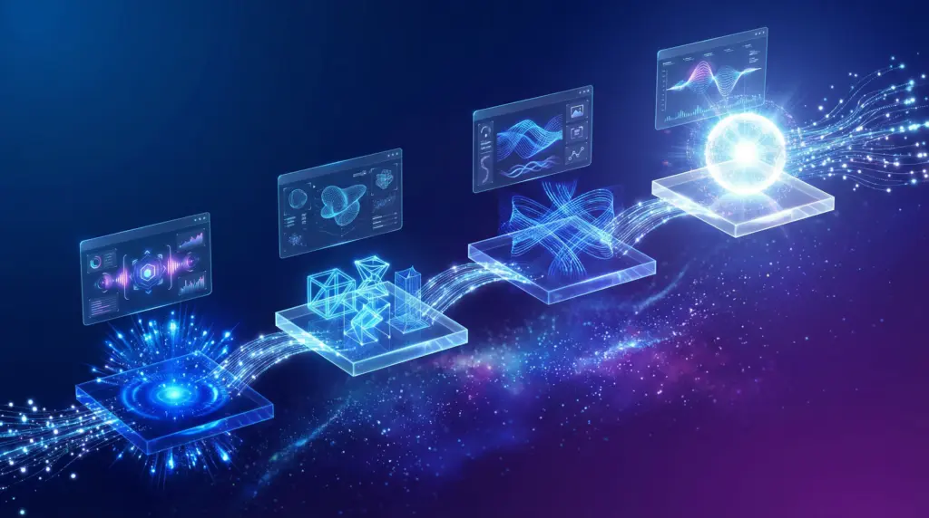 左から右へ上昇する4つの透明アクリルプラットフォーム。STEP1（左下）：ディープブルーの発光コアと光の粒子（企画・戦略立案）。STEP2：ネオンブルーの幾何学構造（設計・構成）。STEP3：コバルトの光のビームが織りなすパターン（制作・作成）。STEP4（右上）：ホログラムホワイトの放射球体とデータストリーム（配信・効果測定）。各プラットフォーム間を光の橋が接続し、プロセスの流れを表現。