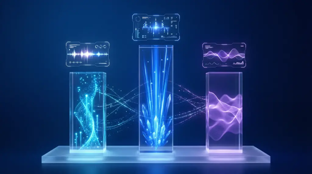 3本の垂直透明アクリル柱が横に並ぶ。左の柱（記事制作）：高さ30%、ネオンブルーの光の粒子が上昇（1〜10万円/記事）。中央の柱（動画制作）：高さ70%、コバルトの光のビーム（5〜100万円以上）。右の柱（月額運用）：高さ50%、パープルの光の波（10〜50万円/月）。各柱の上部に浮遊する透明UIパネルが料金指標を抽象的に表示。