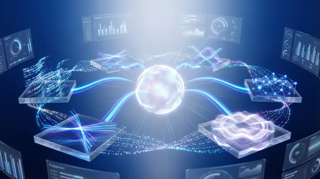 中央のホログラムホワイトの球体（コンテンツ制作の核心）と周囲に浮遊する透明アクリルプラットフォーム（ブログ記事、動画、SNS、メルマガ）。中央からネオンブルーとコバルトの光のビームが各プラットフォームへ延び、価値の配信を表現。プラットフォーム間をデータ粒子が流れ、異なるコンテンツタイプの連携とシナジーを視覚化。