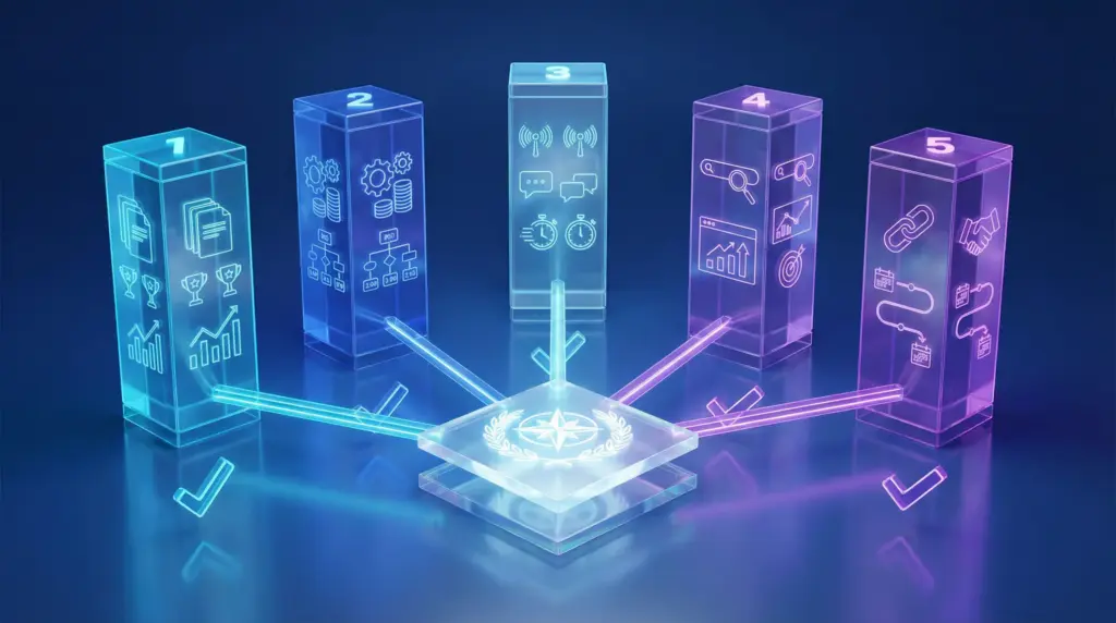 5本の透明アクリル柱が五角形の配置で並ぶ。各柱は1つの選定ポイントを表現：柱1（ネオンブルー）は実績・事例のシンボルと達成メトリクスを表示、柱2（コバルト）は料金透明性と明確なコスト内訳アイコンを表示、柱3（ライトブルー）はコミュニケーションシンボルとレスポンスタイム指標を表示、柱4（パープル）はSEO・マーケティング知識アイコンと分析シンボルを表示、柱5（バイオレット）は継続性・サポートシンボルと長期パートナーシップ指標を表示。各柱は内部にホログラムディスプレイで抽象的な評価メトリクスを表示。光のビームが5本の柱すべてを中央の高架透明プラットフォーム（ホログラムホワイトに発光、最適な選定結果を表現）に接続。各柱の下部には浮遊するチェックマークシンボルが対応する色で配置され、検証ポイントを示す。