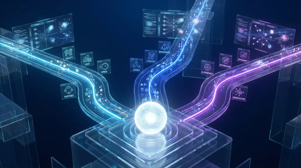 中央の透明アクリルプラットフォームに発光するホログラムホワイトの球体（意思決定ポイント）が配置。そこから3つの透明ガラスの道が異なる方向に延びる：左の道（ネオンブルー）は従来の制作会社、中央の道（コバルト）は代行サービス、右の道（パープル）はAI活用ソリューションを表現。各道には浮遊透明UIパネルが配置され、抽象的なサービス属性（品質指標、コストメトリクス、スピードシンボル、サポートアイコン）を表示。光のビームが各道に沿って流れ、データ粒子が異なる特性を示す。道の上部には浮遊ホログラム比較マトリクスが抽象的な評価基準を表示。