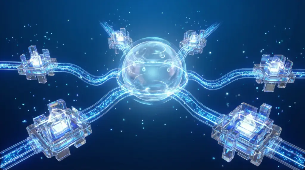 コンテンツSEOの本質を表現するビジュアル。中央の透明な球体（読者の問い）から5つの光の道が放射状に伸び、各道の先に光の結晶（答え）が配置されている。読者の問いに誠実に答え続けることが検索順位を決める。