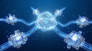 コンテンツSEOの本質を表現するビジュアル。中央の透明な球体（読者の問い）から5つの光の道が放射状に伸び、各道の先に光の結晶（答え）が配置されている。読者の問いに誠実に答え続けることが検索順位を決める。