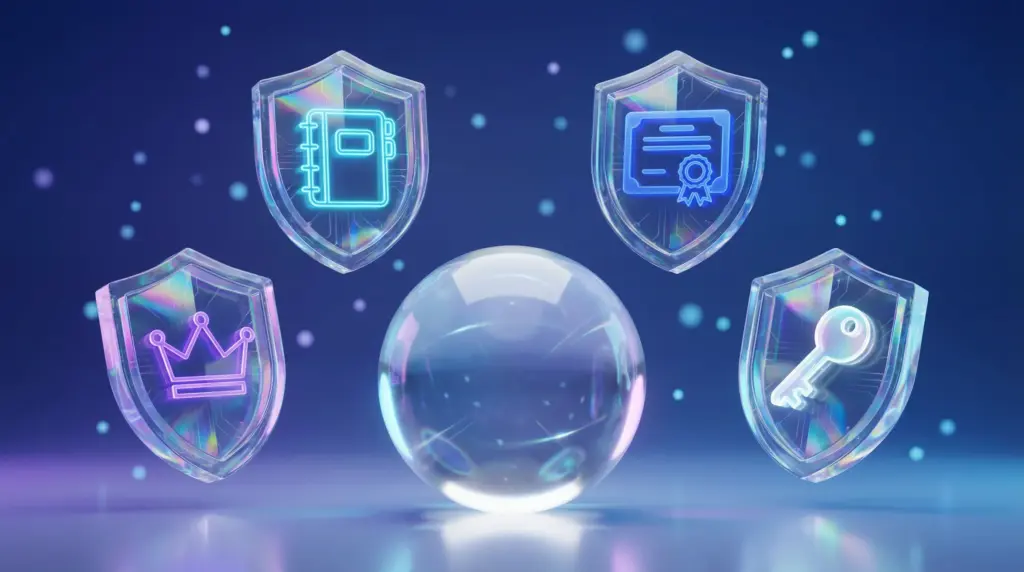 GoogleがSEOで重視するE-E-A-T（経験・専門性・権威性・信頼性）を4つの透明な盾で表現。中央の球体を守るように、Experience（経験・日記アイコン）、Expertise（専門性・証明書アイコン）、Authoritativeness（権威性・王冠アイコン）、Trustworthiness（信頼性・鍵アイコン）が配置されている。