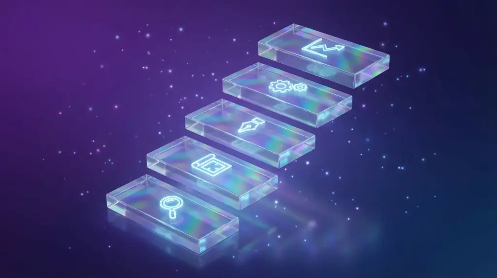 コンテンツSEOの5つのステップを階段状の透明構造で表現。左下から右上へ上昇する5段の階段に、①キーワード選定（虫眼鏡）、②記事構成設計（設計図）、③執筆（ペン）、④SEO最適化（歯車）、⑤効果測定と改善（グラフ）のアイコンが配置されている。