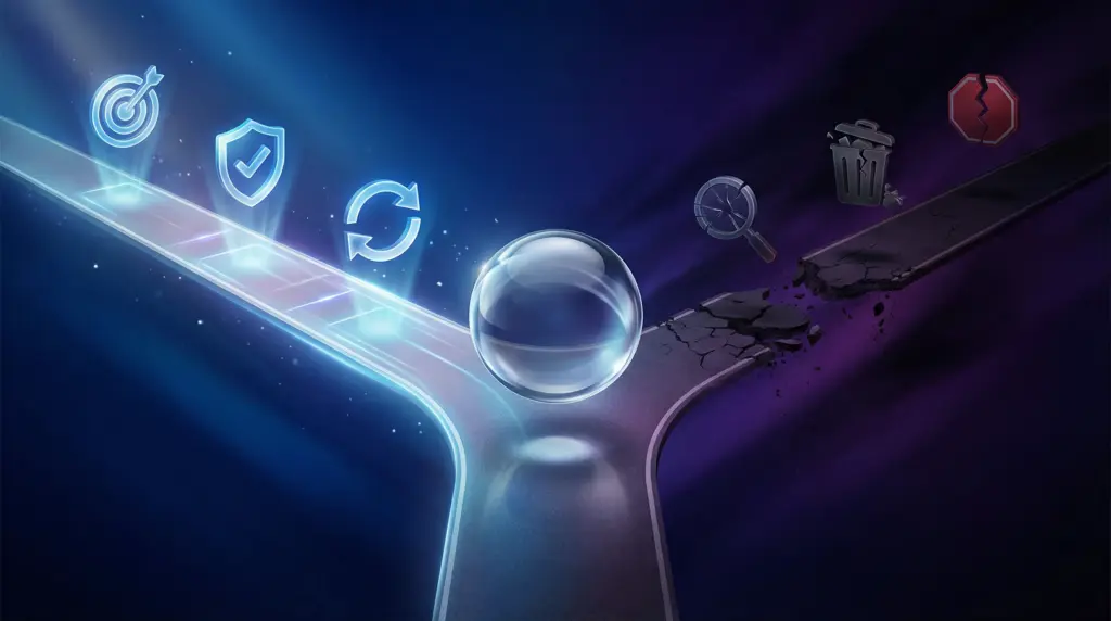 コンテンツSEOで成功する企業と失敗する企業の違いを2つの道で表現。中央の分岐点から、左側は上昇する光の道（成功：ニッチキーワード戦略、E-E-A-T強化、継続的な更新）、右側は下降する暗い道（失敗：キーワード選定ミス、低品質コンテンツ量産、更新停止）が伸びている。