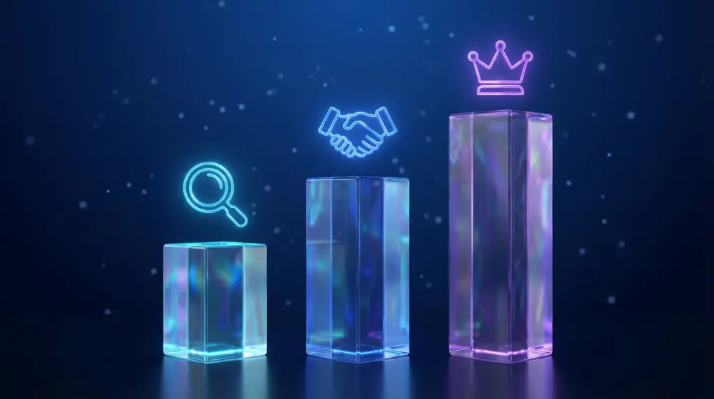 コンテンツSEOがもたらす3つの価値を3つの透明な柱で表現。左から順に、検索エンジンからの自然流入（広告費ゼロで集客）、読者との信頼関係構築（専門家として認識）、長期的なブランド価値蓄積（時間が経つほど強くなる競争優位性）を象徴。