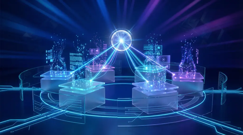 中央のホログラムホワイトの球体（生成AIコア）から複数のネオンブルーのビームが周囲の透明アクリルプラットフォーム（ブログ、SNS、メール、画像など異なるコンテンツタイプ）へ放射される。各プラットフォームから上昇するデータ粒子がコンテンツ生成を象徴。ディープブルーのグラデーション背景にコバルトの光線。透明ガラスパネルと光のフローラインがすべての要素を接続。