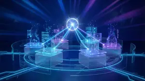 中央のホログラムホワイトの球体（生成AIコア）から複数のネオンブルーのビームが周囲の透明アクリルプラットフォーム（ブログ、SNS、メール、画像など異なるコンテンツタイプ）へ放射される。各プラットフォームから上昇するデータ粒子がコンテンツ生成を象徴。ディープブルーのグラデーション背景にコバルトの光線。透明ガラスパネルと光のフローラインがすべての要素を接続。