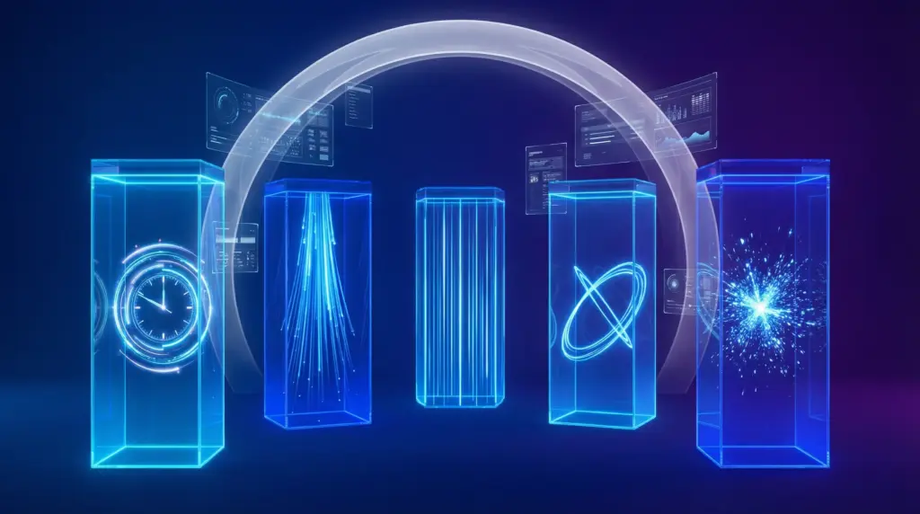 五角形配置の5本の透明アクリル柱。第1の柱：回転する光のリングで構成された時計様の円形光構造（時間短縮）、第2の柱：滝のように下方へ流れる光のビーム（コスト削減）、第3の柱：完璧に整列した複数の平行垂直光線（一貫性）、第4の柱：無限ループを形成する連続的な円形光軌道（24時間稼働）、第5の柱：中心点から外側へ爆発的に放射される光粒子（アイデア出し）。すべての柱が上部でホログラムホワイトのアーチ構造により接続。