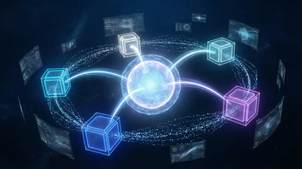 中央の発光球体（AIコア）を囲む軌道配置の5つの透明ガラスボックス。ChatGPTボックス（汎用目的、ネオンブルーの発光）、Claudeボックス（長文コンテンツ、コバルトの発光）、Geminiボックス（リアルタイム情報、パープルの発光）、Manusボックス（WordPress連携、ホログラムホワイトの発光）、Gensparkボックス（サポート特化、ライトブルーの発光）。各ボックスが中央球体へ光のビームラインで接続。ボックス間をデータ粒子が流れ、ツール統合を象徴。