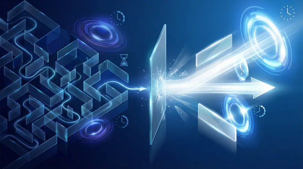 左側（従来型）：複数の透明ガラス障壁を持つ複雑な迷路状構造、長く曲がりくねった光の経路、暗いネオンブルーの発光で遅いプロセス（5〜10日）を表現。右側（AI活用型）：流線型の直線的な光ビーム経路、最小限の障壁、明るいホログラムホワイトの発光で高速プロセス（1〜2日）を表現。中央：垂直の透明障壁を光のビームが貫通し、変容を象徴。左から右へ流れる矢印状の光フローが効率改善を表現。