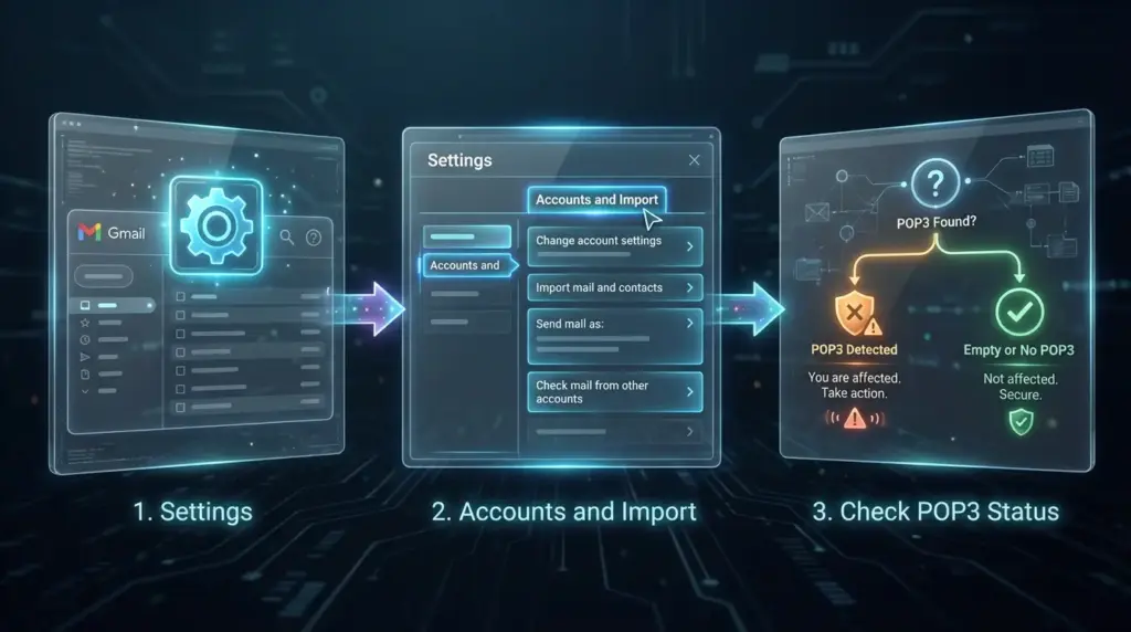 Gmail設定からアカウントとインポートを確認し、POP3表示の有無で影響判定する3ステップフロー