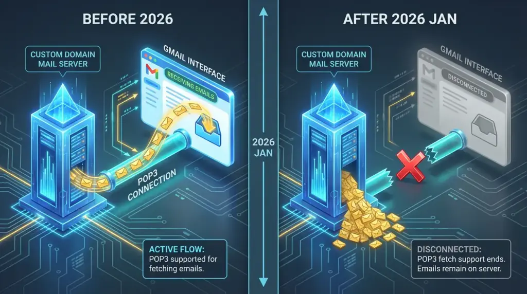 2026年前後のPOP3接続比較図、左は正常に流れるメール、右は切断され届かないメール