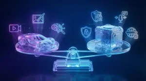 Google Gemini個人版（スポーツカー型の透明オブジェクト）と法人版（装甲車型の透明キューブ）を天秤で比較するビジュアル。左側に動画生成・画像生成・Deep Researchのアイコン、右側にCDPA契約・自動議事録・ナレッジ検索のアイコンが配置されている。