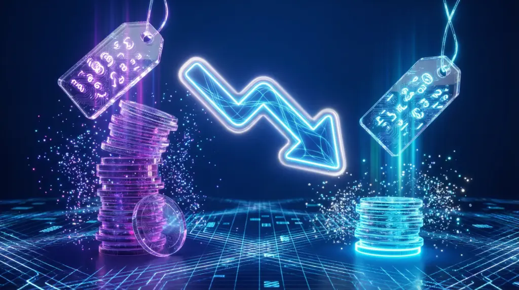 Google Gemini個人版（年間34,800円）と法人版（年間21,200円）の料金比較。透明な価格タグと高さの異なるコインスタックで価格差を表現し、中央に「-13,600円」の下向き矢印が光っている。