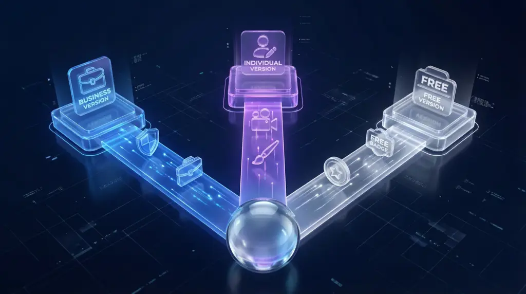 Google Gemini選択基準を表現した3つの道。左の道はセキュリティシールドとビジネススーツケース（法人版）、中央の道はクリエイティブツール（個人版）、右の道はコインと無料マーク（無料版）が配置され、それぞれのゴールへ向かっている。