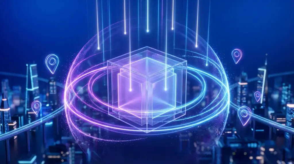 透明な立方体を回転する光の障壁が守り外側に地図ピンのホログラムが浮遊する非店舗型ビジネスのプライバシー保護とGoogleマップ可視化を両立する未来的システムディープブルーとパープルの背景